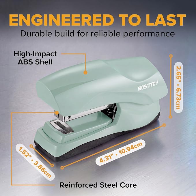 Bostitch Heavy Duty Stapler Value Pack, 40 Sheet Capacity, Sage | Half-strip, flat-clinch design opens fully for tacking bulletin boards; includes a staple remover and 1250 staples.