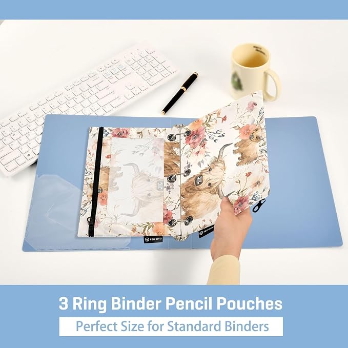 Cute Highland Cows Flowers Pencil Pouch for 3 Ring Binder, 2 Pack Waterproof Pencil Bags Clear Window Pencil Case Zipper School Office Supplies
