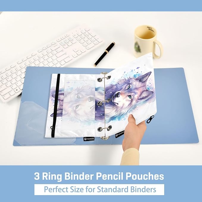 Wolf Watercolor Pencil Pouch for 3 Ring Binder, 2 Pack Waterproof Pencil Bags Clear Window Pencil Case Zipper School Office Supplies