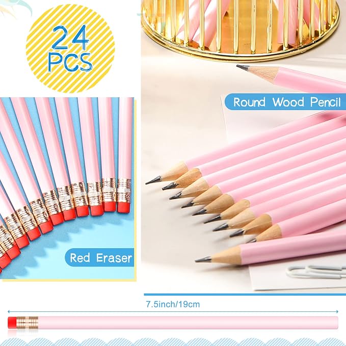 Outus 24 Pieces Round Pencils Cute HB Graphite Wood Pencils Bulk with Eraser for School Writing Drawing Sketching Wedding Office Supplies(Light Pink)
