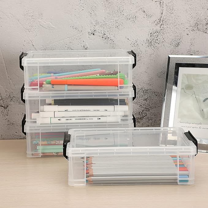 BTSKY 4 Pack Extra Large Plastic Pencil Box Stackable, Translucent, Black | Clear Pencil Caase Crayon Box Set Marker Organizer Art Supply Storage Organizer for Gel Pens Pencils Erasers Tape Markers etc