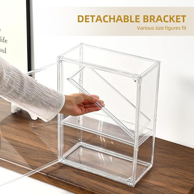 3 Tier Display Case for Collectibles,Clear Display Box with 2 Movable Plates ,Storage Container with Magnetic Door (Large 3 Pack)