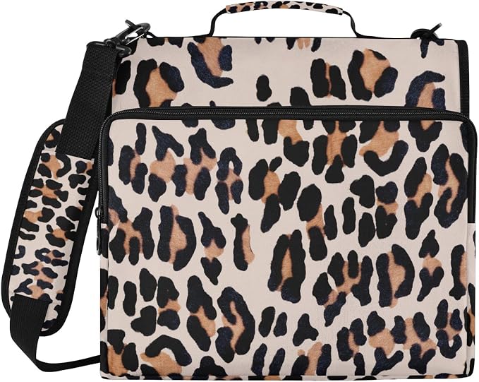 Leopard Print Zipper Binder File Organizer Bag 3 D-Ring | with Shoulder Strap, Holds 500 Sheets & 14in Laptop, 3 Ring Binder for Office Supplies