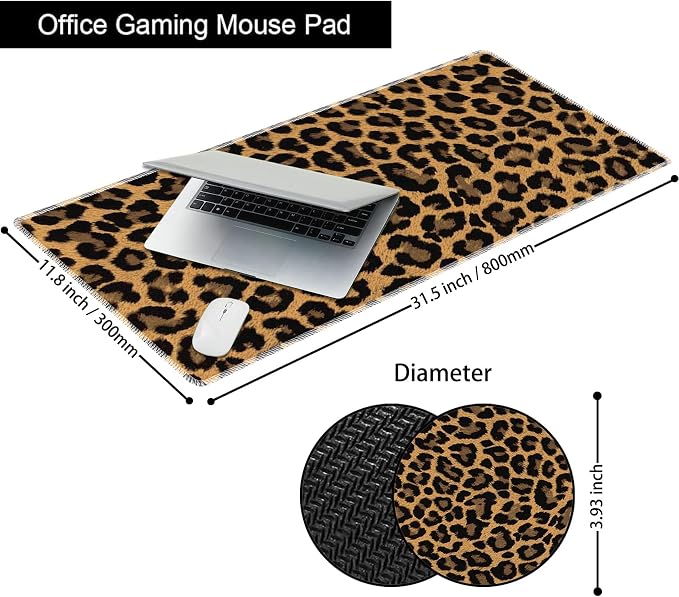 Personality Pattern Large Protective Desk Mat, Smooth Surface Soft Mousepad, Waterproof Non-Slip, 31.5 x 11.8 in Sewn Edge Office/Home, Leopard Print