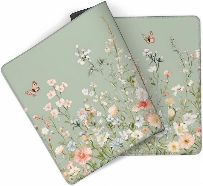 Cute Floral Aesthetic Wildflower Gaming Mouse Pad, Sky Blue Macaron Desk Mat with Anti-Slip Base & Stitched Edges, Computer Keyboard & Laptop Pad, 35.4" x 15.7" in in Workstation Accessories