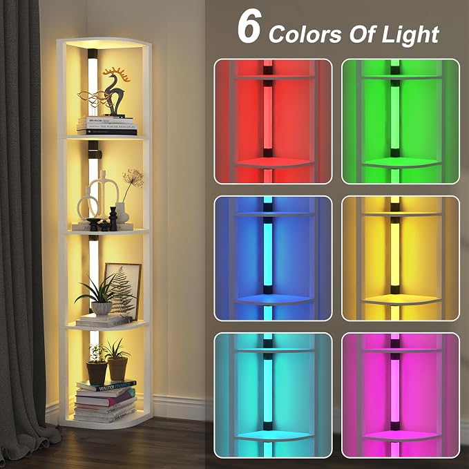 VTRIN Corner Shelf with Light, Floor Lamps with Shelves for Living Room, Small Space, Modern Home Decor Stand Sturdy 5-Tier Corner Bookshelf Cabinet Display Shelf for Collectibles, White
