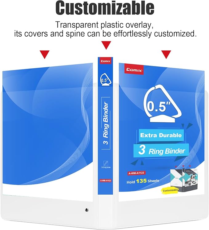 COMIX Heavy Duty 0.5 inch Slant-D Ring View Binder, 1/2 inch 3 Ring Binders, Hold 125 Sheets of 8.5" x 11" Paper, 8 Pack (White)