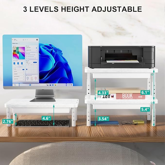 WALI Computer Monitor Stand with Storage, Monitor Riser 3 Height Adjustable | Laptop Riser with Airflow Vents, Desk Organizer for Computer, Printer, Notebook (PTT002-M), 1 Pack, Marble