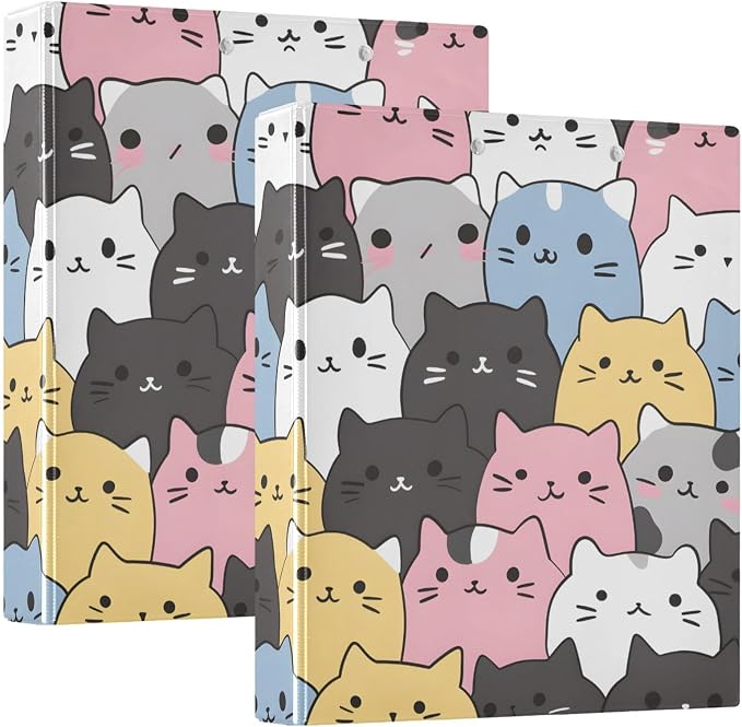 Cats Cute Animal 3 Ring Binder with 2 Interior Pockets 1.5 inch Binders 3 Ring Heavy Duty Fit 8.5" x 11" Letter Size for Office School, 2 Pack