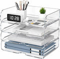 HIYOHIYO Clear Office Desk Organizer for A4 Letter Paper, 4 Tier Horizontal | Stackable | Large Capacity | Office Organization for File Folder | Desktop Paper Holder Workspace Organizer and Storage
