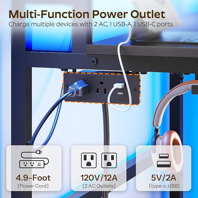 Small Computer Desk with Charging Station and LED Lights, Gaming Desk with Monitor Stand, 2-Tier Home Office Desk with 4 Side Hooks, for Living Room, Home Office, Black DN01UDBBY2