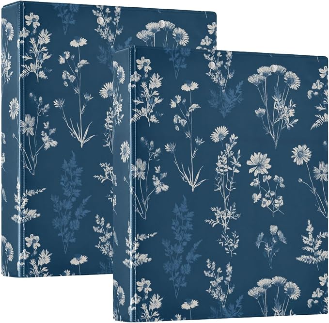 Navy Blue Retro Botanical Flower Binder 3 Ring 1.5 Inch Binder with Clipboard&Pockets, Hardcover Binders Heavy Duty Large File Folder for Office School Supplies - Holds 200 Sheets,2 PC