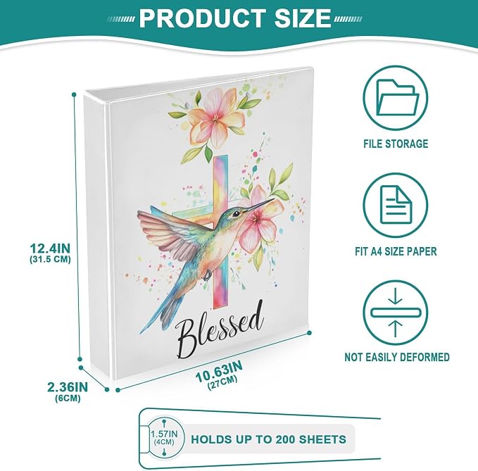 Blessed Quote Hummingbird Floral Cross Binder 3 Ring 1.5 Inch Binder with Clipboard&Pockets, Hardcover Binders Heavy Duty Large File Folder for Office School Supplies - Holds 200 Sheets