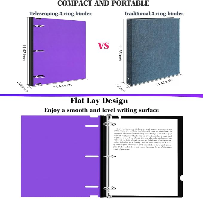 INFUN 1.5 Inch Telescoping 3 Ring Binder, 6 Pack– Portable Plastic Binder with Telescoping Spine, Holds 8.5" x 11" Paper, Assorted Colors–Perfect for School, Office & Home