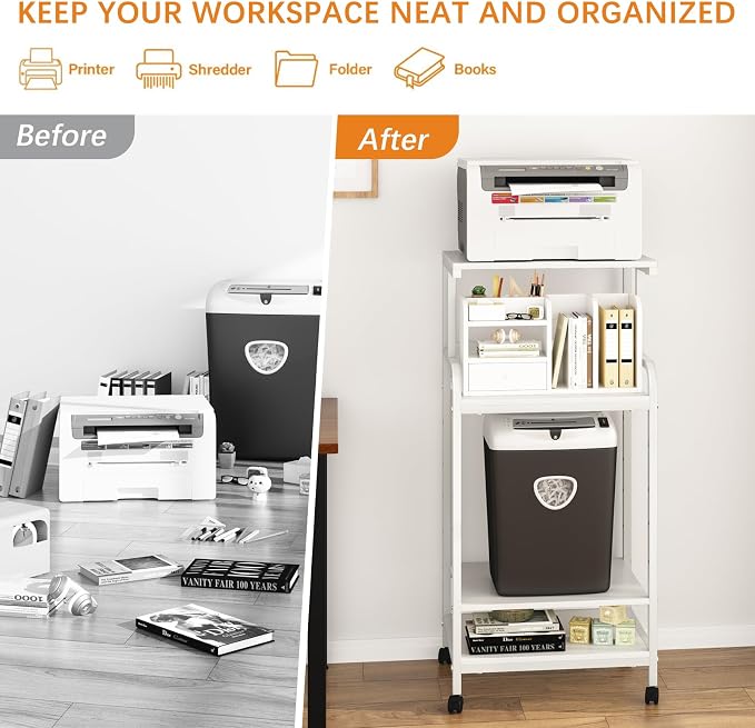 Arbuxzuy 4-Tier Printer Stand with Storage Shelf, Mobile Printer Table for Home Office, Adjustable Stand for Printer, Scanner, Fax (White)