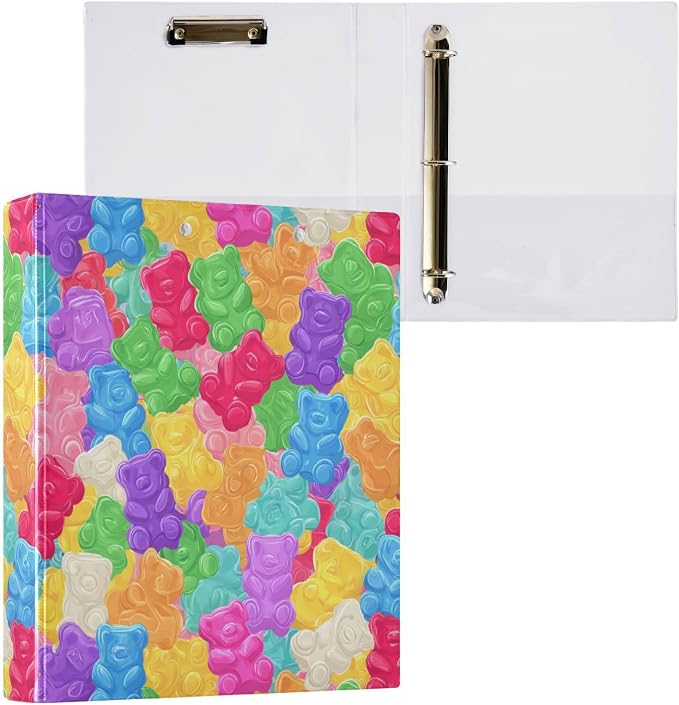 Colorful Sweet Jelly Bears Round Ring Binders Gummy Candies 1.5 Inch 3 Ring Binder with Clipboard Holds 200 Sheets Office Home School
