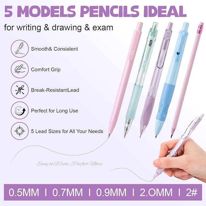 Eersida 47 Pcs Aesthetic School Supplies with Cute Pen Case, Mechanical Pencils 0.5mm, 0.7mm, 0.9mm & 2.0mm with Leads and Eraser Refills, Wood Pencils #2, for Writing, Drawing & Drafting(Purple)