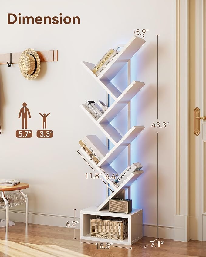 Casaottima Tree Bookshelf with LED Lights, 6-Tier Small Bookshelf, White | Narrow Bookcase for Small Spaces, Steel & Wood Storage Shelf with Cabinet, Home Organizer for Living Room, Bedroom, Office