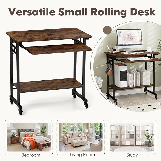 Tangkula Rolling Computer Desk Cart with Keyboard Tray, Mobile Portable Laptop PC Desk with CPU Stand & 3 Hooks for Sofa & Bed, Industrial Small Desk on Wheels for Small Spaces, Home Office Desk