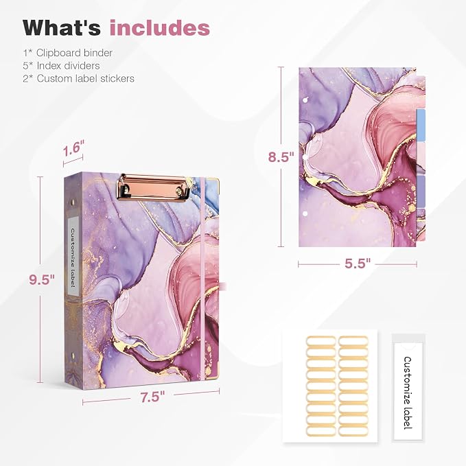 Ospelelf Mini 3 Ring Binder 1 Inch, Cute Pink Marble for 5.5" x 8.5" With 5 Tab Dividers, File Folder Labels and Low Profile Clipboards for School and Office Supplies