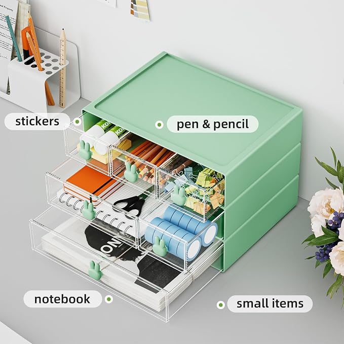 Marbrasse Desk Organizer with 6 Drawers, 3 Tier Stackable Storage Drawers Plastic Makeup Storage, Office Organizers and Storage, Desk Storage Box for Office, School, Home Green