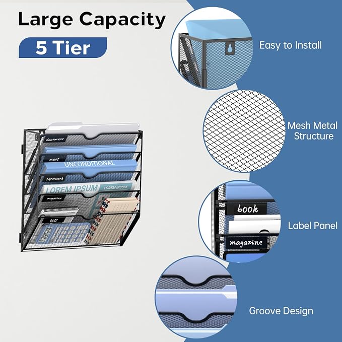 5-Tier Wall File Organizer and Hanging File Organizer, Black | Wall Organizer and Wall Mounted File Holder with 5 Pockets and Label Panels for Files, Mail, Folders, Magazines and Paper