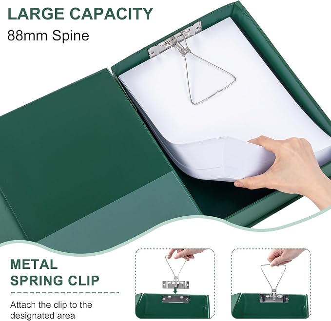 Storage File Boxes 4 Pack, Foldable File Box with Clip, 88mm Spine, Green | Archives Cases with Magnetic Closure, Plastic Document File Organizer Storage