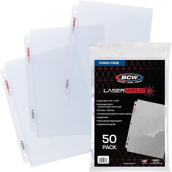 BCW LaserWeld Comic Book Sleeves | 50 Pack | 1-Pocket Pages for 3 Ring Binder | Top Loading, Crystal Clear, Acid-Free, Archival Storage