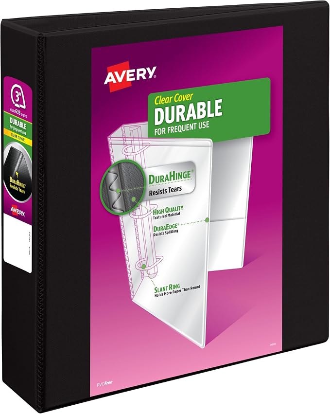 Avery Durable View 3 Ring Binder,3 Inch Slant Rings,635 Sheet Capacity,Black,Holds 8.5 x 11 Paper,3.5" Wide Spine,DuraHinge for Organizing Reports & Projects (17041),(Pack of 6)