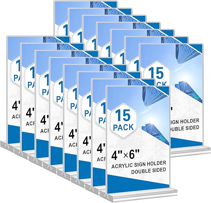 Acrylic Sign Holder 4x6, 15 Pack Clear Double Sided Menu Vertical Display Stand, Desktop Paper Holder Suitable for Restaurants, Office, Store, Show Fair