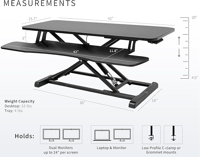 VIVO 42 inch Desk Converter, K Series, Height Adjustable Sit to Stand Riser, Dual Monitor and Laptop Workstation with Wide Keyboard Tray, Black Carbon Fiber Top, Black Frame, DESK-V042KR
