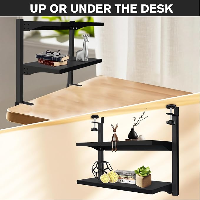 Clamp On Desk Shelf, Above or Under Office Desktop Shelves,Desk Attachment Shelf,Clip On Table Extension, Desk Extender Organizer Shelving for Gaming Organization Accessories