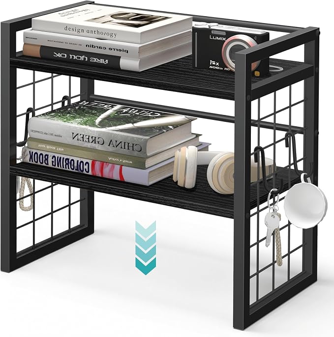 ELITEROO Desk Shelf Organizer, 2 Tier Wooden Desktop Bookshelf, Black | Desktop Shelf Organization, Adjustable Table Storage Rack, Mini Table Top Display Shelf for Home Office