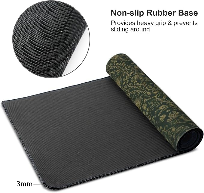 Dark Green Floral Desk Mat Gold Flowers XXL Large Desk Pad - Anti-Slip Stitched Edges Mouse Pad for Women, Office & Home, Extra Big Computer Keyboard Mat for Desktop, Aesthetic Office Decor