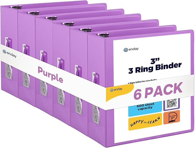 Enday 3 inch Binder (6 Pack - Purple) 3 Ring Binder 3 inch with Clear View Cover and 2 Inside Pocket - for Letter Size 8.5 x 11'' Paper, Ideal for School Supplies, Office, and Home