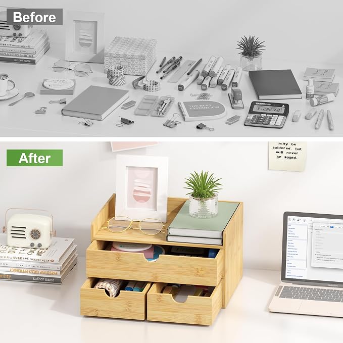 Bamboo Desk Organizer with Drawers, Desktop Storage Box for Office Supplies | 3 Drawers Desktop organizer, No Assembly Required, Natural Wood Wooden Desktop Drawers for Bills, Cosmetics, Seals, Paper