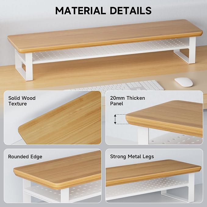 Dual Monitor Stand, 35.4 Inch Monitor Stand Riser for 2 Monitors, 2 Tiers Wood Desk Shelf with Storage, Desktop Organizer Stand for Computer, Laptop, Printer, TV