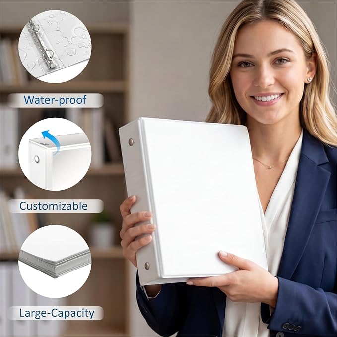 3 Ring Binders, 2" Round Rings 12 Pack, Fits 8.5x11in, View 2 Pocket, White | for 8.5x11 Inch Paper, for Customizable Covers, Three Ring, for School Office Business Supplies, White,2 Inch