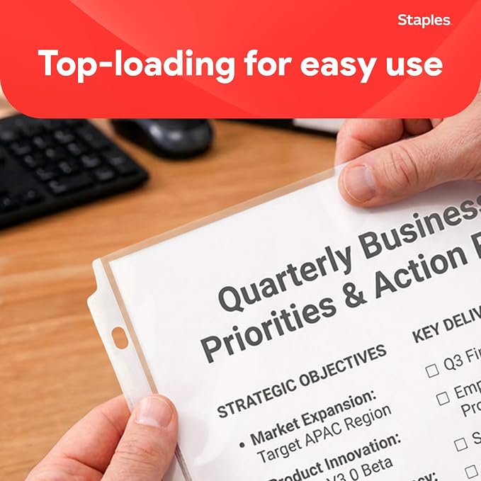 Staples Sheet Protectors, 8.5x11 Inch, Top-Loading, Clear, 200-Pack | 2.4 mil standard-weight pages protect documents in binders and folders.