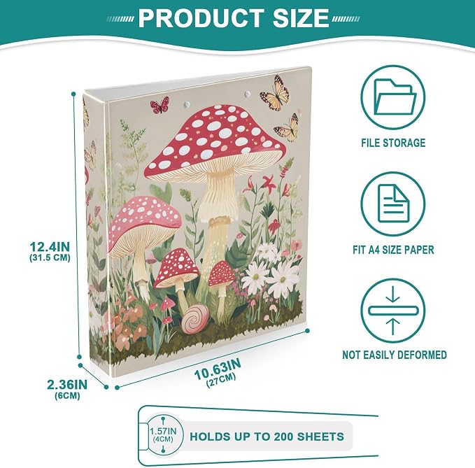 ALAZA 3 Ring Binder Doodle Mushrooms Butterflies Clipboard Round Ring Binder Holds 1.5 Inch Three Ring Binder Heavy Duty Ring Binders for Office Supplies, 1Pack