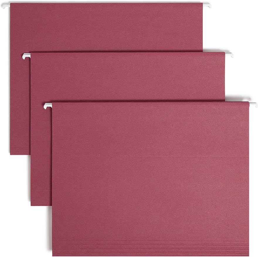 Smead Colored Hanging File Folder with Tab, 1/5-Cut Adjustable Tab, Letter Size, Maroon, 25 per Box (64073) (Pack of 1)