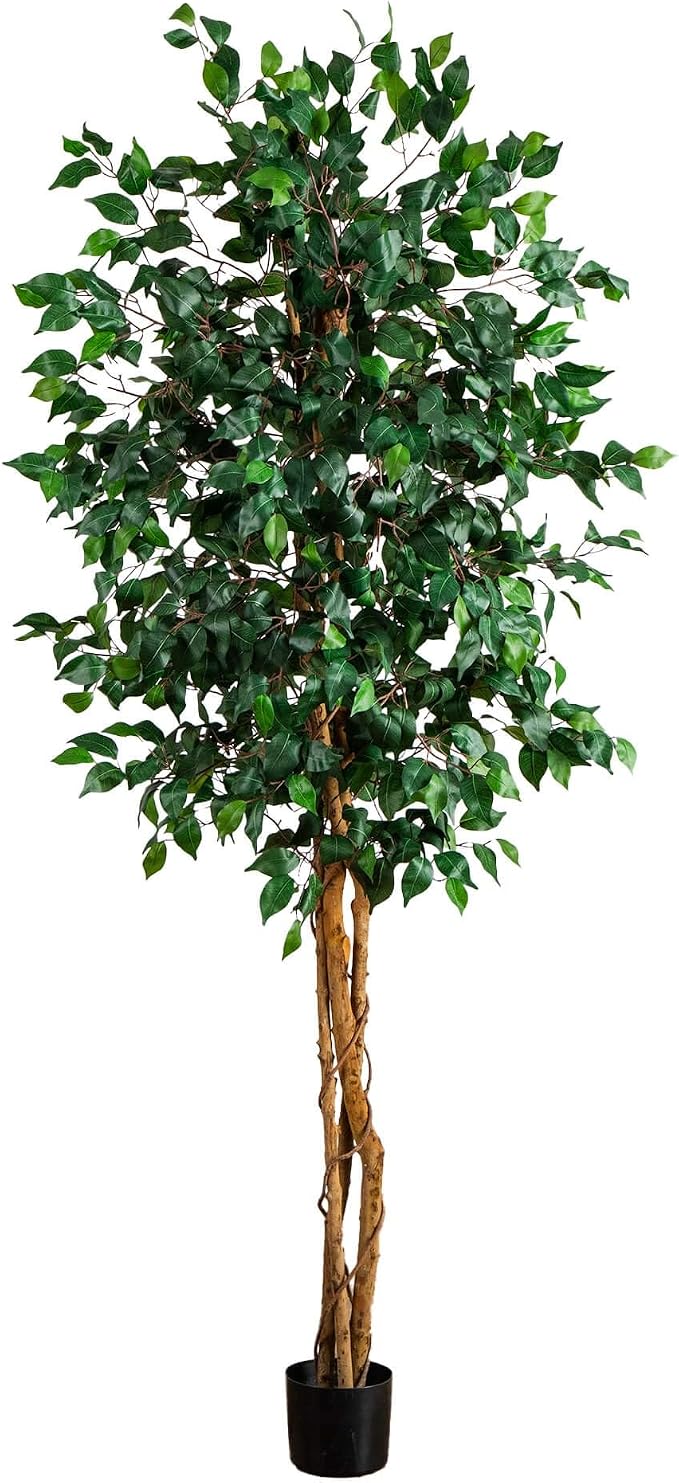 Nearly Natural 74 in Triple Trunk Artificial Ficus Tree for Home Decor | Lush Deep Green Leaves, Natural Wood Trunks, Black Nursery Planter, Ideal for Indoor Home Decor
