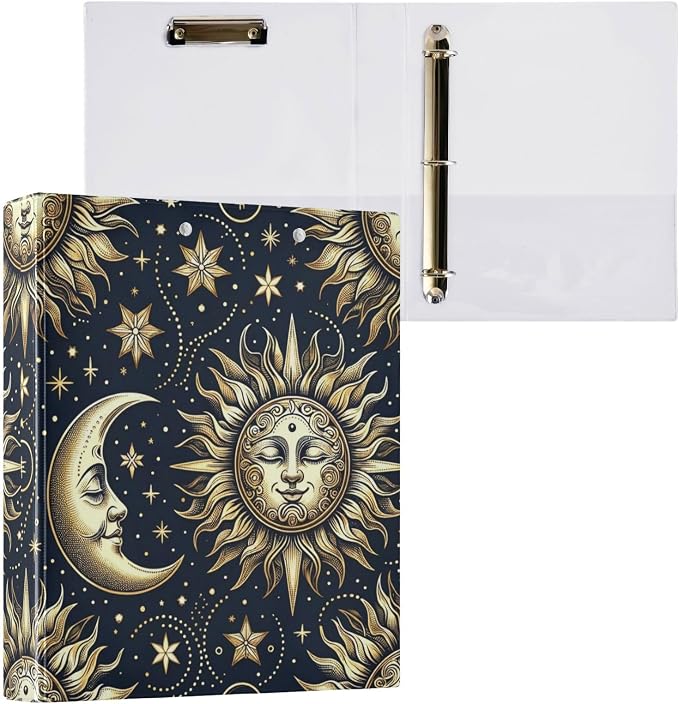 3 Ring Binder, Golden Sun Moon Stars Boho File Folder Holds 200 Sheets File Storage for Women Men School Office Supplie