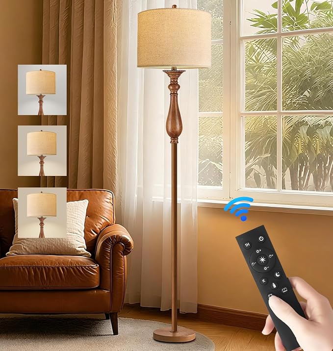 Wood Floor Lamps for Living Room Farmhouse Boho Floor Lamp with Remote Control & 3 Color Temperature,Dimmable Vintage Floor Lamp Mid Century Modern Standing Lamp Pole Tall Floor Lamp Bedroom Corner