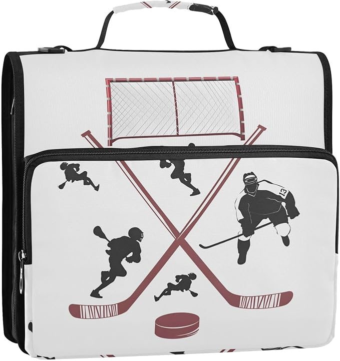 3 D-Ring Zipper Binder Bag, Hockey Player Sport Game Removable Binder with Zipper Case Hold 300+ Sheets& 13 Inch Laptop for School Office Supplies Organizer
