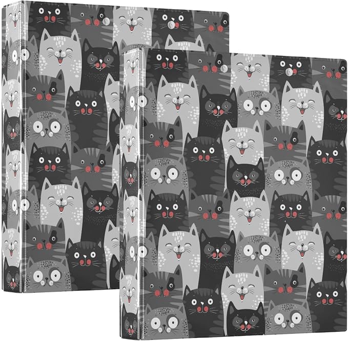 Funny Cute Kitty Cat Black and Gray Cats Binder 1.5 Inch Binder with Clipboard&Pockets, Hardcover Binders 3 Ring, Heavy Duty Large File Folder for Office School Supplies-Holds 200 Sheets, 2 PC