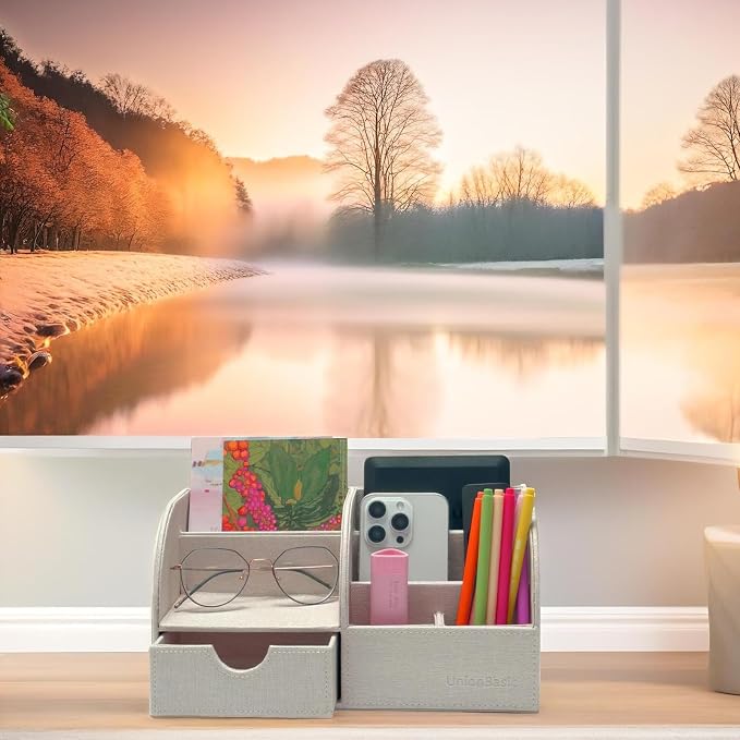 UnionBasic Desk Organizer - Multifunctional Leather Desktop Pen Holder Storage Box - Business Card/Pen/Pencil/Mobile Phone/Stationery Holder, Beige