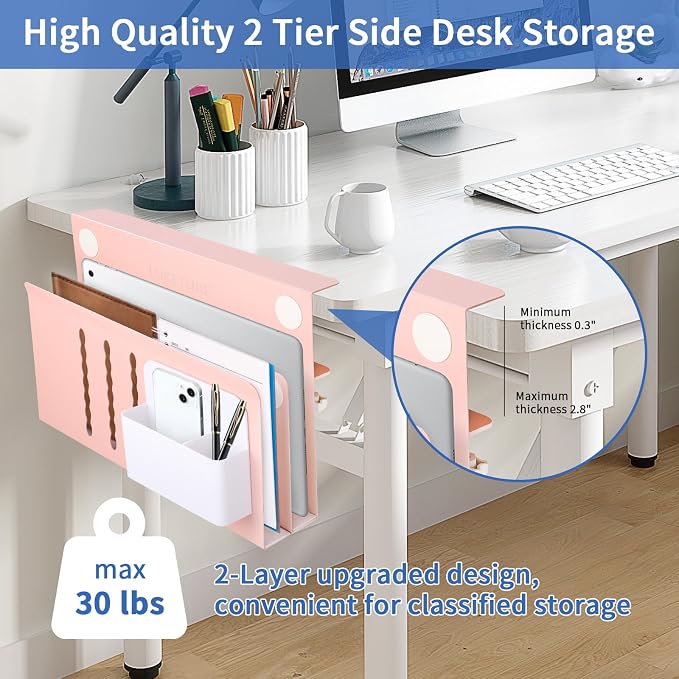 LUKETURE Desk Side Storage, 2 Tie Laptop Holder No Drill Clamp On Organizer | Sturdy Steel Double Tier Strong, Magnetic Pen Holder, No Drill Clamp for Standing Desk Organizer, Fits 0.3-2.8"