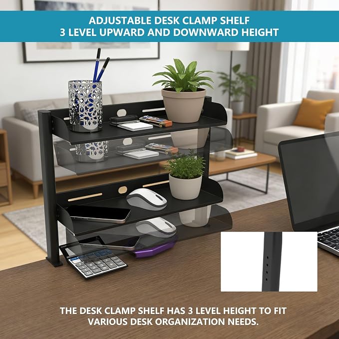 Clamp on Desk Shelf,3 Tier Desktop Organizer,Adjustable Clamp on Desk Top Organizer with Under Desk Hidden Storage Basket&Hooks,No Drilling Desk Clamp Storage Shelves for Working Gaming Accessories