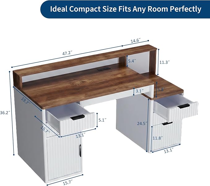 Rectangular Computer Desk with Hutch & Printer Stand, Ripple Door Storage Home Office Desk, Space-Saving Study Writing Desk for Bedroom, Sturdy Board Student Desk with Easy Assembly, Brown & White